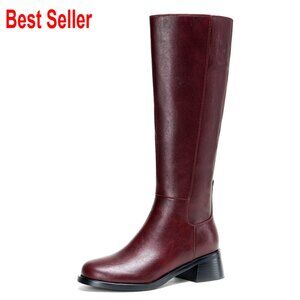 PU Leather Knee High Boots Low Block Heel Round Toe Side Zipper